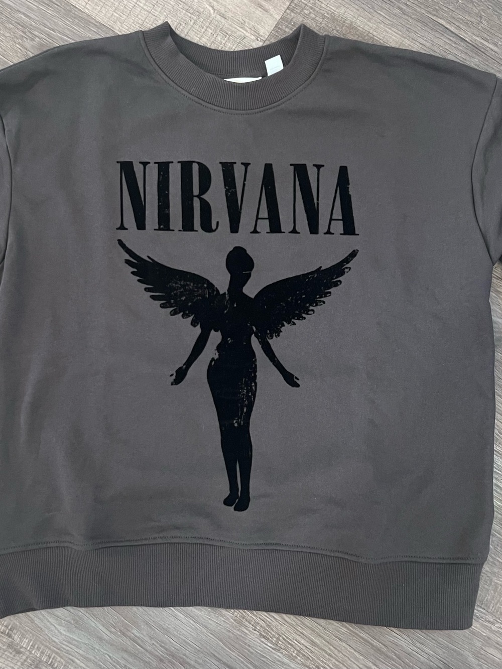 NIRVANA Charcoal Crewneck Sweatshirt with Black Angel Graphic